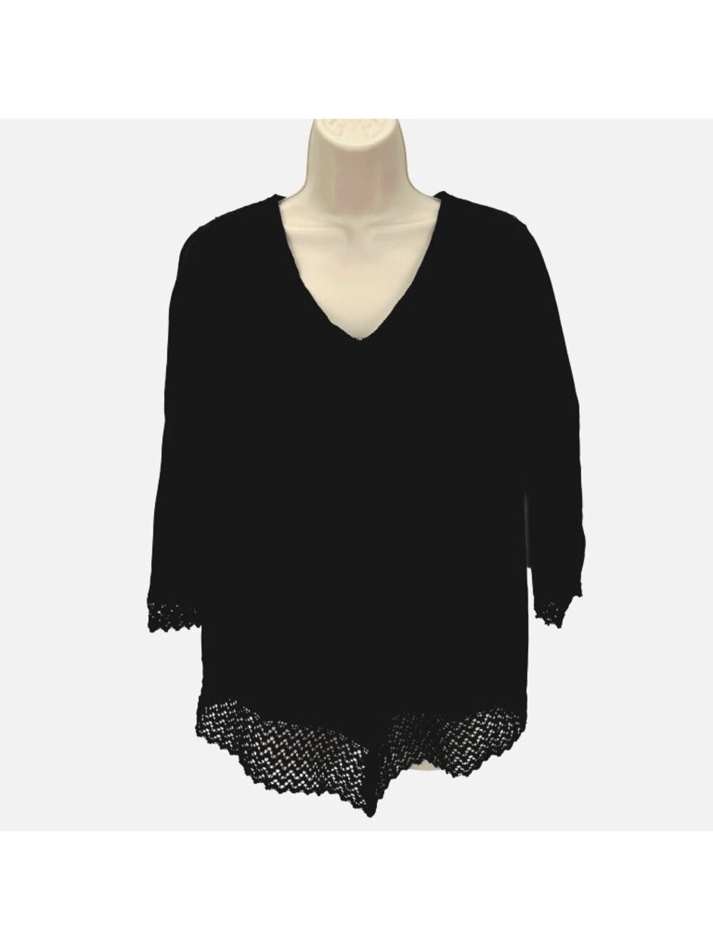 Marca Amit Collection Black Embroidered V-Neck Top Crochet Hem 3/4 Sleeves 35/M